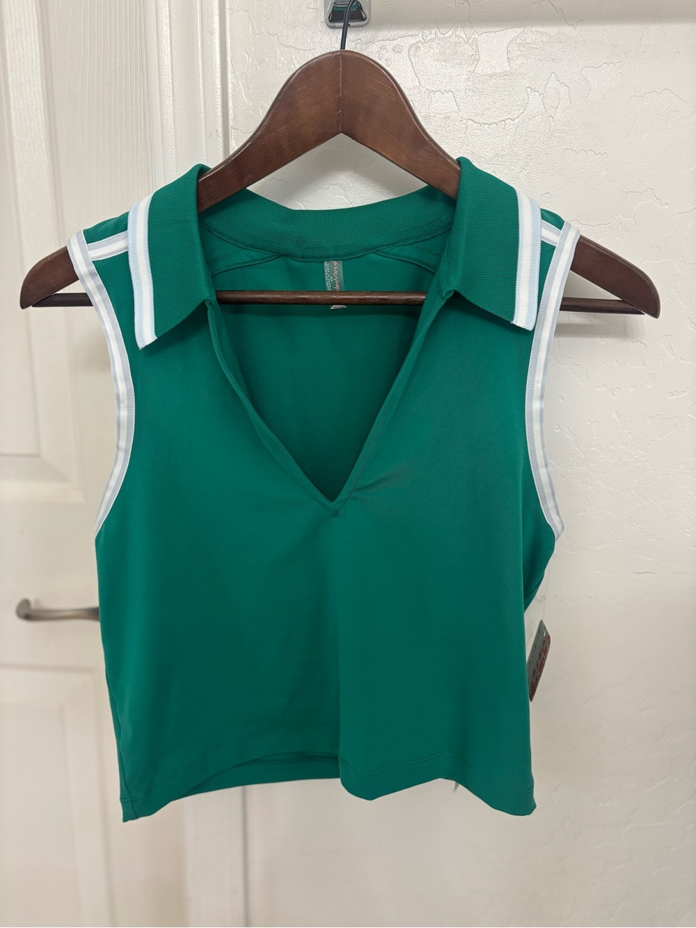 Free People Emerald Green Sleeveless Polo Crop Top with White Trim